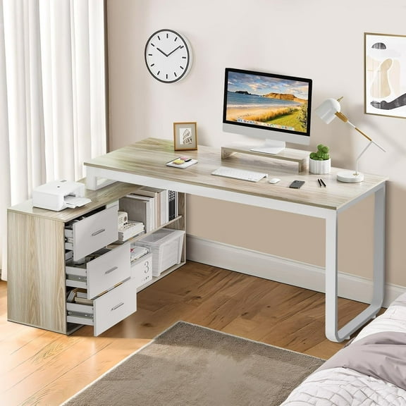 DreamCurship 55 Inch Reversible L Shaped Desk with 3 Storage Drawers, Computer Desk with Shelves and Monitor Stand, Corner Desk for Small Spaces, White and Walnut