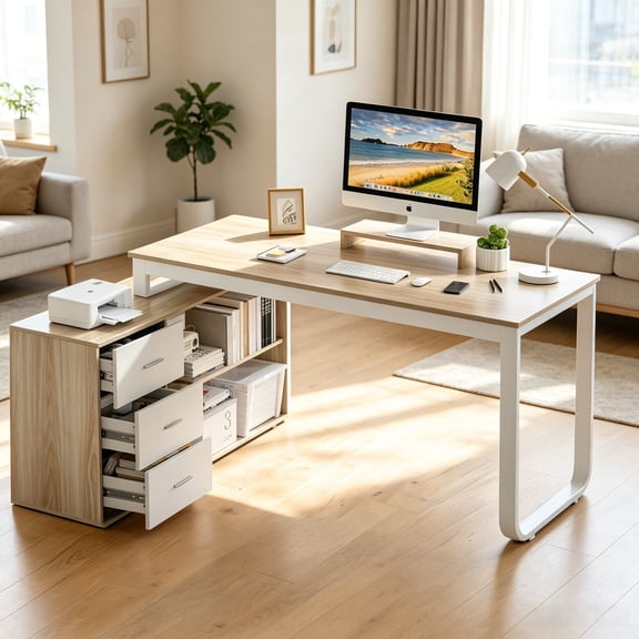 DreamCurship 55 Inch Reversible L Shaped Desk with 3 Storage Drawers, Computer Desk with Shelves and Monitor Stand, Corner Desk for Small Spaces, White and Walnut