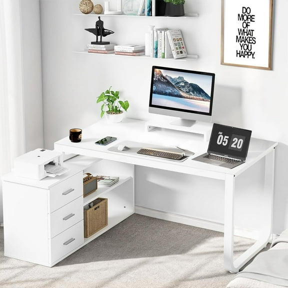 DreamCurship 55 Inch White Reversible L Shaped Desk with 3 Storage Drawers, Computer Desk with Shelves and Monitor Stand, Corner Desk for Small Spaces, White