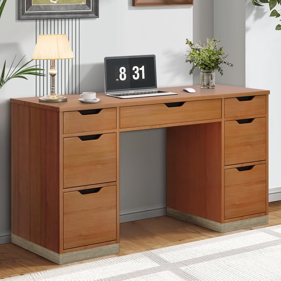 DreamCurship 55 inch Computer Desk with 7 Drawers, Executive Office Desk with Storage, Home Office Desk for Work Study Writing, Brown