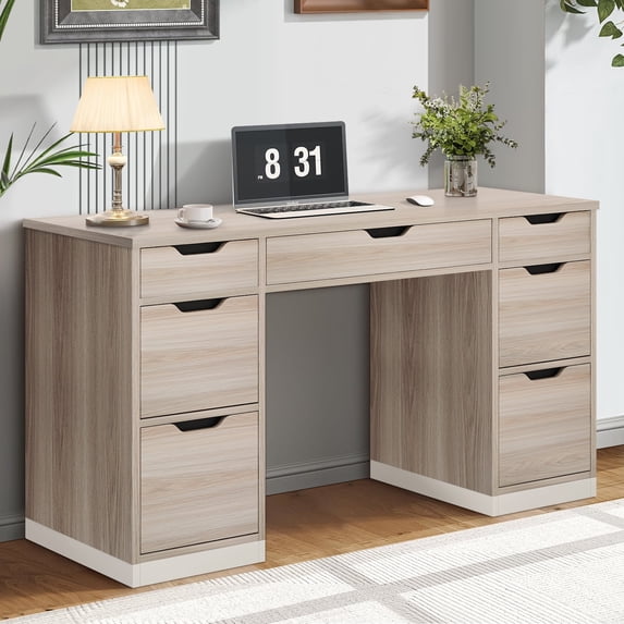 DreamCurship 55 inch Computer Desk with 7 Drawers, Executive Office Desk with Storage, Home Office Desk for Work Study Writing, Gray