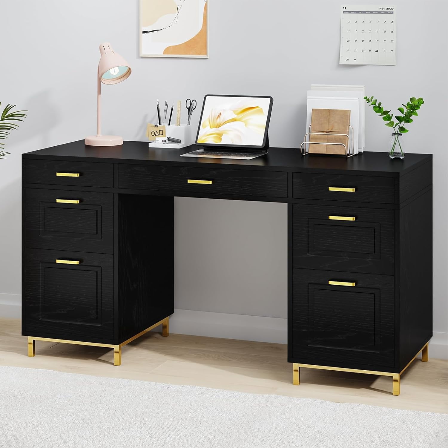 DreamCurship 57" Computer Desk with Storage, Black and Gold with 7 Drawers, Executive Desk with File Drawers, Home Office Desk for Home Office, White and Gold