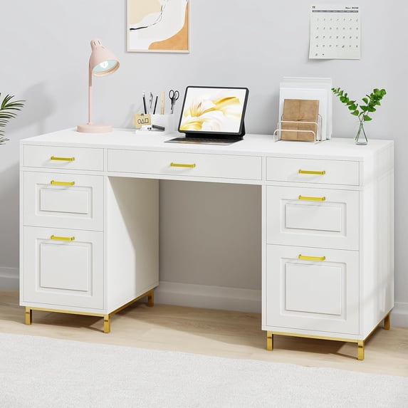 DreamCurship 57" Computer Desk with Storage, White and Gold with 7 Drawers, Executive Desk with File Drawers, Home Office Desk for Home Office, White and Gold