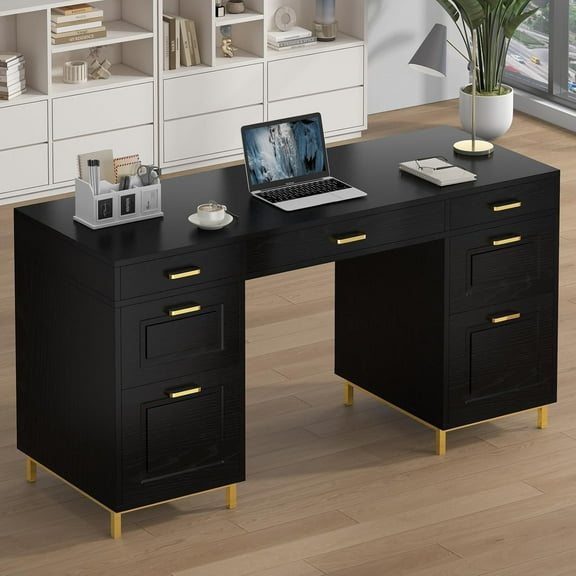 DreamCurship Computer Desk with Drawers, 57" Executive Desk with File Drawers, Home Office Desk with Storage, Black