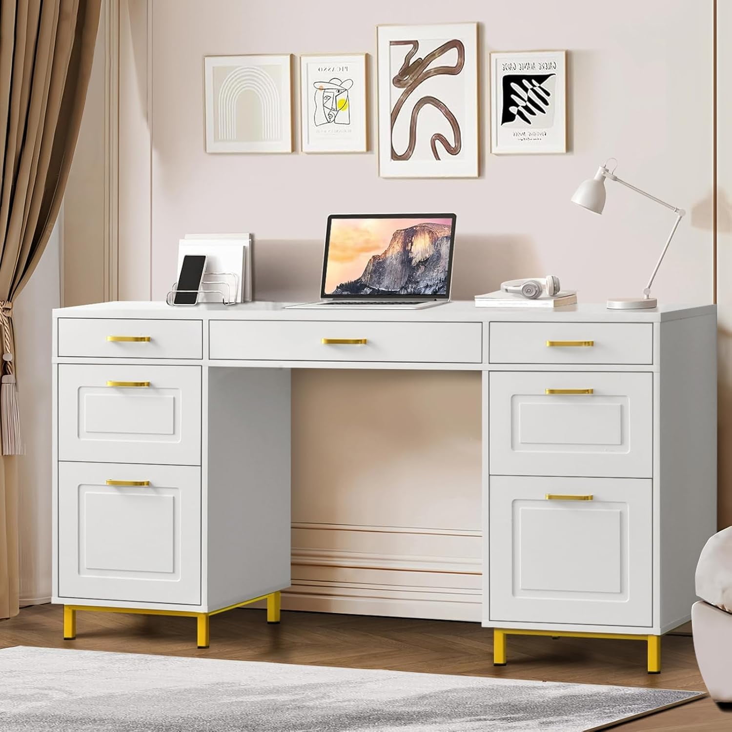 White And Gold Desk With Drawers