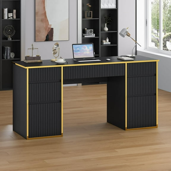 DreamCurship 58 Inch Executive Desk, Computer Desk with 7 Drawers, Home Office Desk for Work and Study, Black