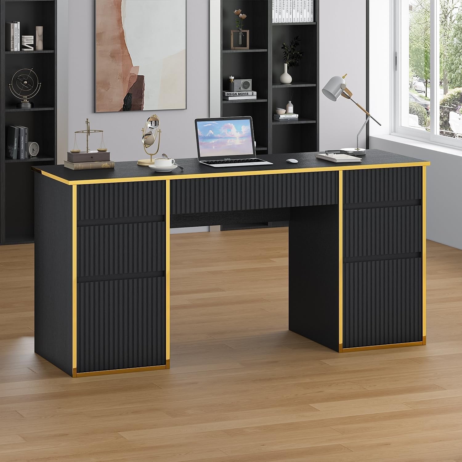 DreamCurship 58 inch Executive Desk with Drawers, Computer Desk with 7 Drawers, Home Office Desk for Work Study Writing, Black and Gold