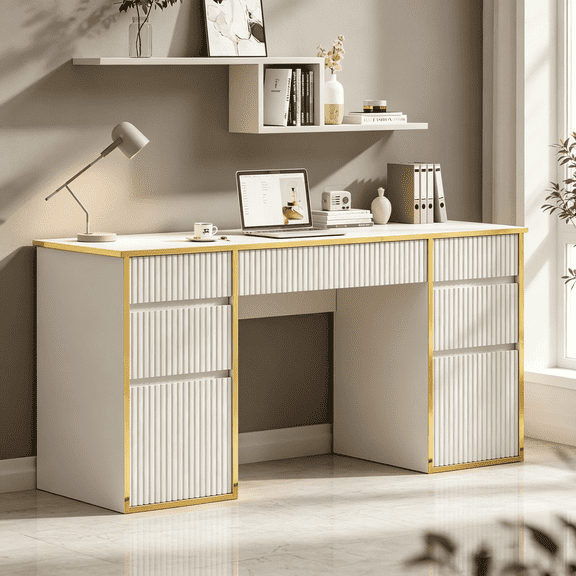 DreamCurship 58 inch Executive Desk with Drawers, Computer Desk with 7 Drawers, Home Office Desk for Work Study Writing, White and Gold