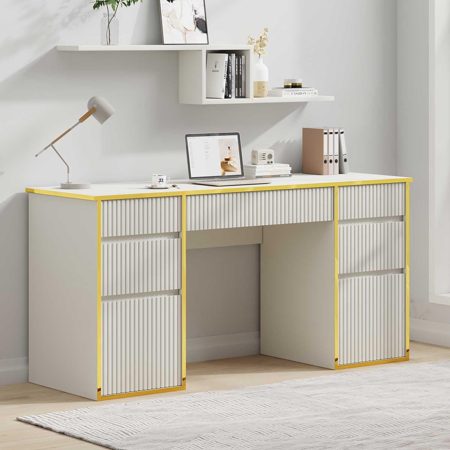 DreamCurship 58 inch Executive Desk with Drawers, Computer Desk with 7 Drawers, Home Office Desk for Work Study Writing, White and Gold