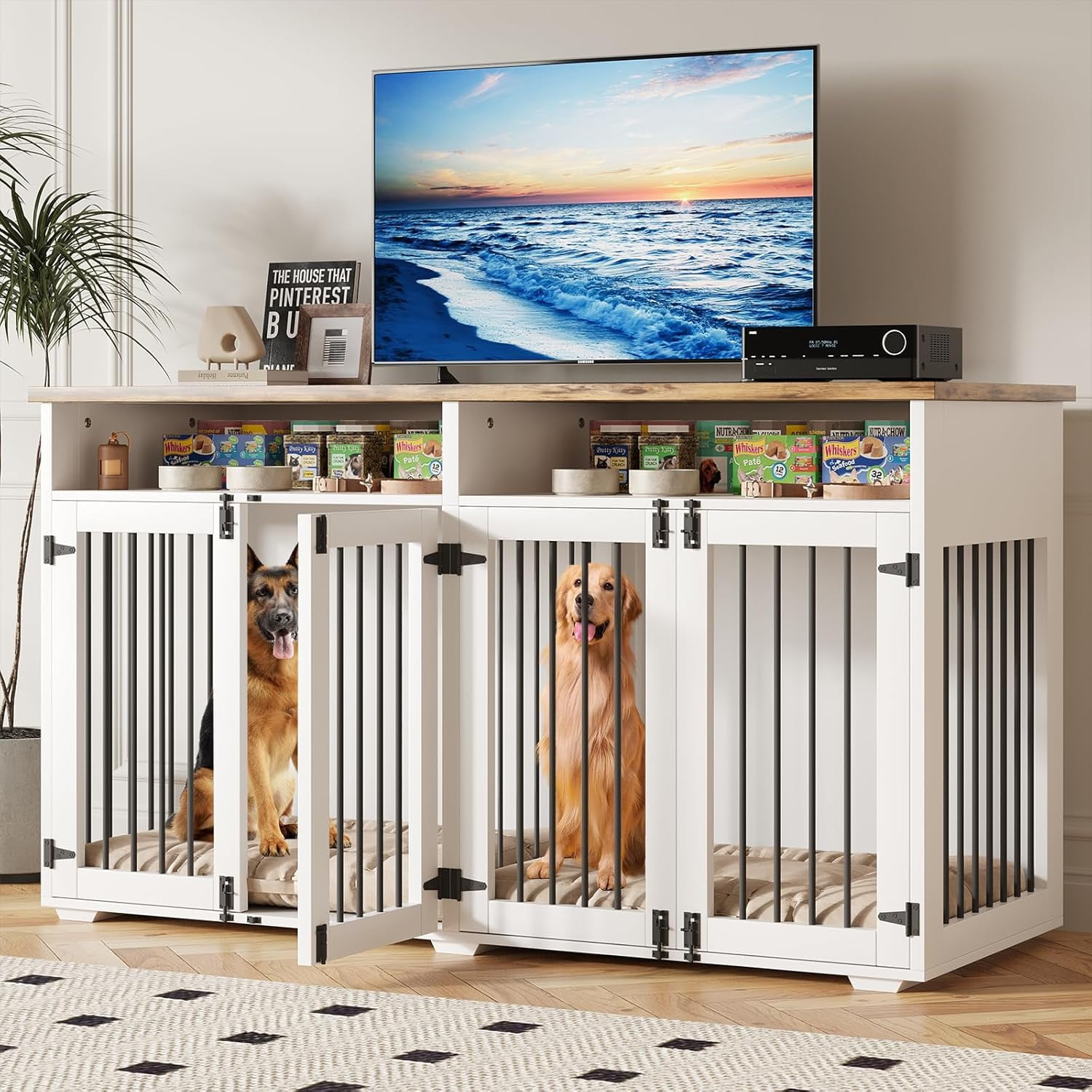DreamCurship 63 Inch Dog Crate Furniture, 2-Door Wooden Dog Crate Kennel Furniture with Divider, Indoor Dogs Kennel for Small to Medium, White