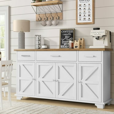 DreamCurship 65" Large Buffet Sideboard Cabinet, 4 Barn Doors Coffee Bar Cabinet with 3 Drawers, Wood Sideboard Cabinet with Storage for Kitchen, Dining Room, Living Room, White