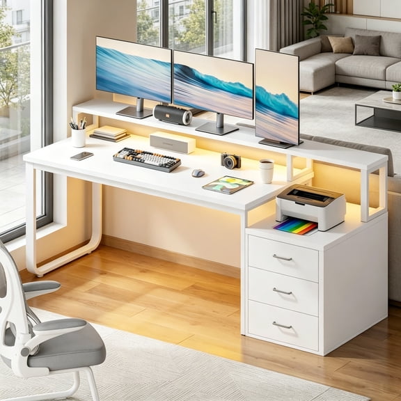 DreamCurship 67" Computer Desk with LED Light, White Desk with Drawers, Gaming Desk with Monitor Stand, Writing Desk with Printer Space for Office, White