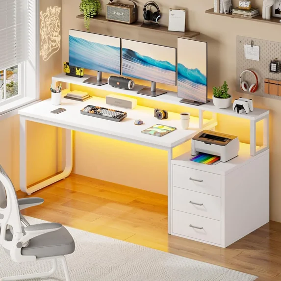 DreamCurship 67" Computer Desk with LED Light, White Desk with Drawers, Gaming Desk with Monitor Stand, Writing Desk with Printer Space for Office, White
