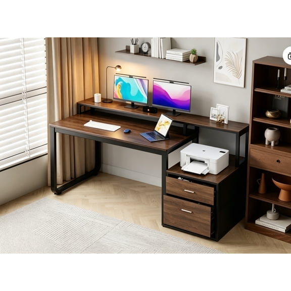 DreamCurship 67 inch Computer Desk with Monitor Stand, Writing Desk with Adjustable LED Light, Reversible Home Office Desk with 3 Storage Drawers, White and Walnut