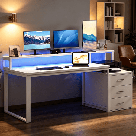 DreamCurship 67 inch White Desk with Monitor Stand, Computer Desk with Adjustable LED Light, Reversible Home Office Desk with 3 Storage Drawers, White