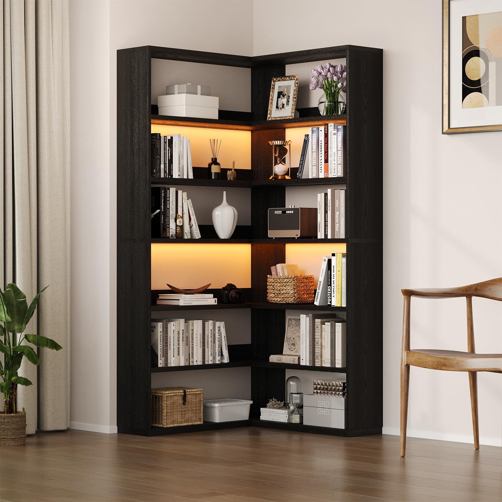 DreamCurship 71” Tall Corner Bookshelf, 6 Tier L-Shaped Large Display Bookcase with LED Light, Industrial Corner Etagere Bookcase Storage Display Rack for Living Room Home Office, Rustic Brown, Black