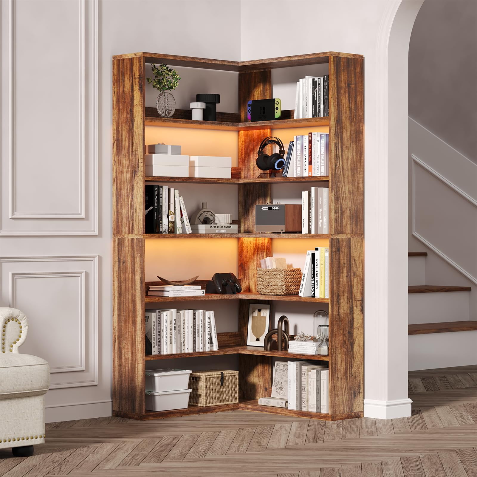 DreamCurship Corner Bookshelf L-Shaped Industrial 6 Tier with LED Light 71 Inch Tall Rustic Brown