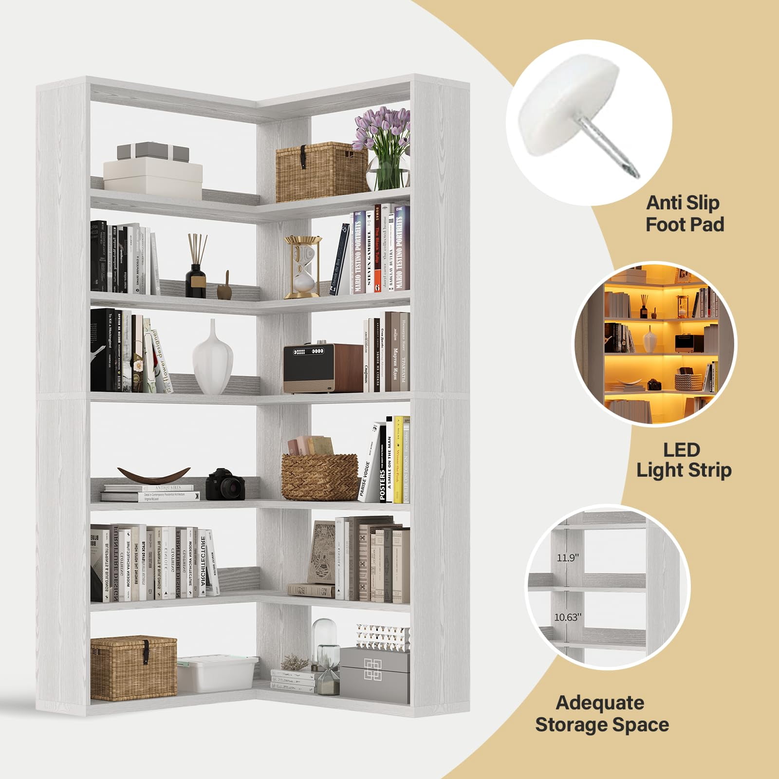 DreamCurship Industrial Corner Bookshelf, 71" Tall 6-Tier L-Shaped Bookcase with LED Lights, Rustic White Space-Saving Display Rack for Living Room, Bedroom