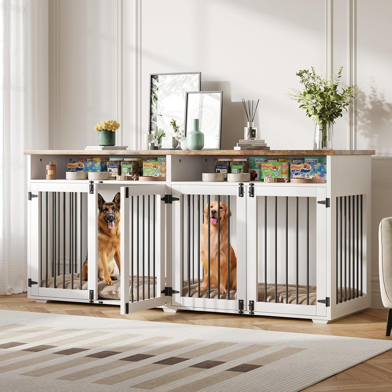 DreamCurship 72 Inch Dog Crate Furniture, 2-Door Wooden Dog Crate