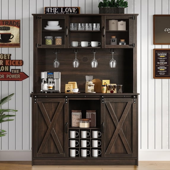 DreamCurship 72" Kitchen Pantry Cabinet with 4 Doors, Freestanding Cupboard Storage Buffet Hutch with Microwave Stand, Coffee Bar Cabinet with 9 Racks & 4 Row Metal Hooks, Dark Oak