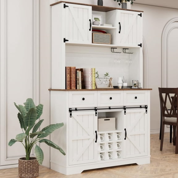 DreamCurship 72" Kitchen Pantry Cabinet with Hutch, Freestanding Cupboard Storage Cabinet, Tall Buffet Cabinet with Hutch, 3 Drawers & Stemware Rack, White