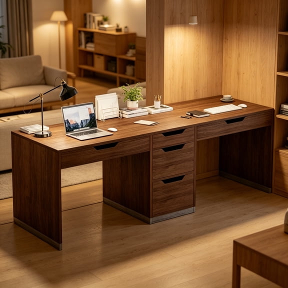 DreamCurship 78 inch Two Person Desk with 5 Drawers, Computer Desk with Storage for 2 People, Home Office Workstation Desk, Modern Writing Table, Brown