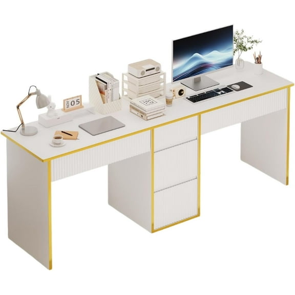 DreamCurship Two Person White Desk with Drawers, 78 inch Computer Desk with Storage Shelves, Double Desk with Storage for 2 People, Home Office Work Desk, White