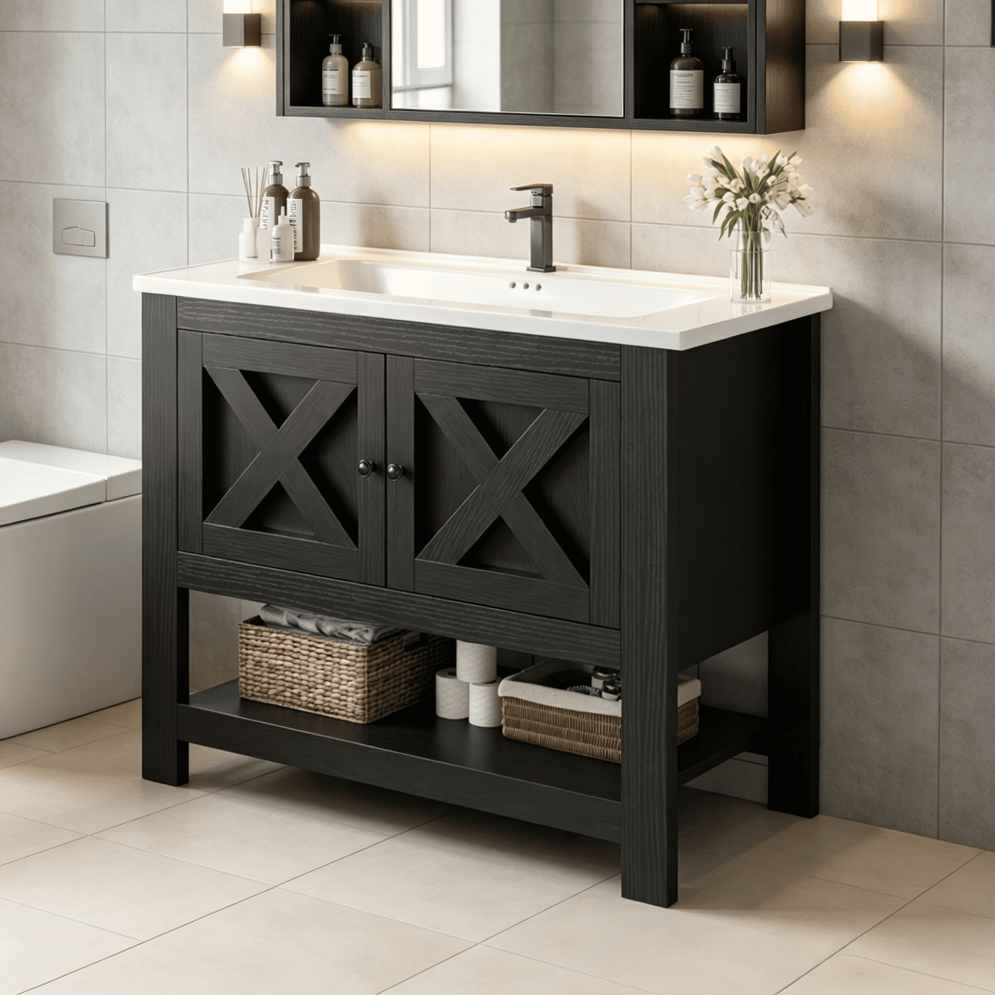 DreamCurship Bathroom Vanity with Sink Combo, 35'' Bathroom Storage Cabinet with Storage, Farmhouse Bathroom Vanity Cabinet with 2 Doors and Open Shelf, Black