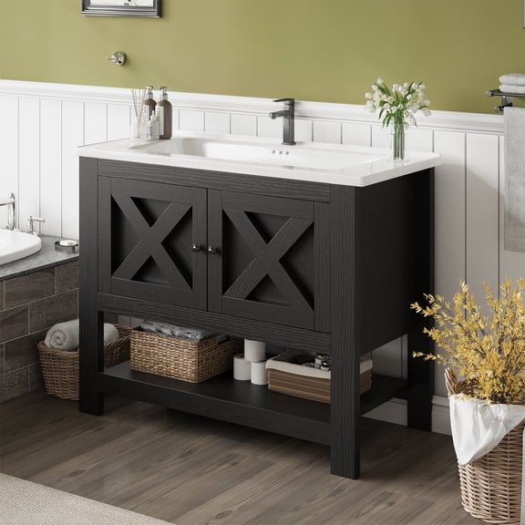 DreamCurship Bathroom Vanity with Sink Combo, 35'' Bathroom Storage Cabinet with Storage, Farmhouse Bathroom Vanity Cabinet with 2 Doors and Open Shelf, Black