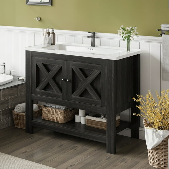 DreamCurship Bathroom Vanity with Sink Combo, 35'' Bathroom Storage Cabinet with Storage, Farmhouse Bathroom Vanity Cabinet with 2 Doors and Open Shelf, Brown