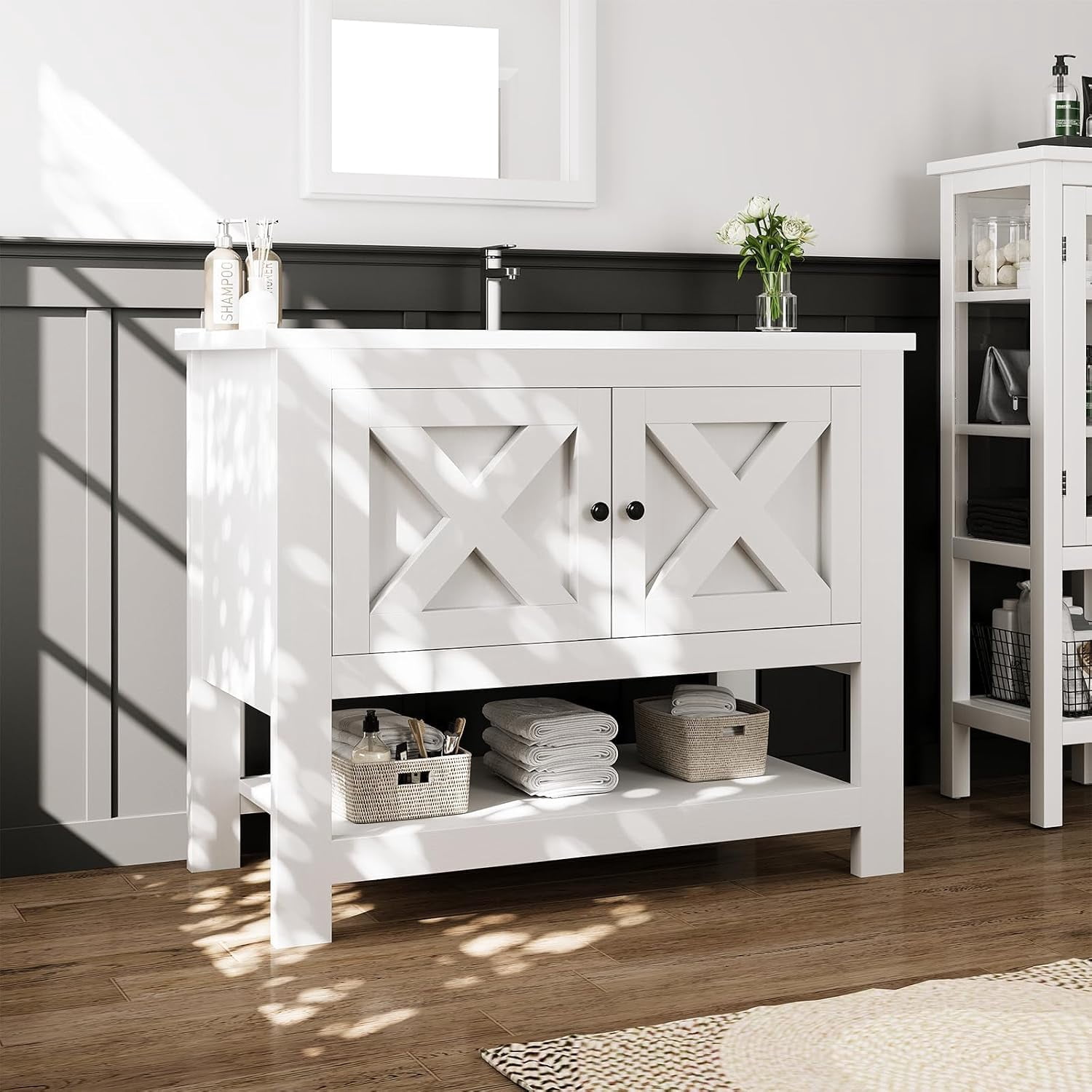 DreamCurship Bathroom Vanity with Sink Combo, 35'' Bathroom Storage Cabinet with Storage, Farmhouse Bathroom Vanity Cabinet with 2 Doors and Open Shelf, White