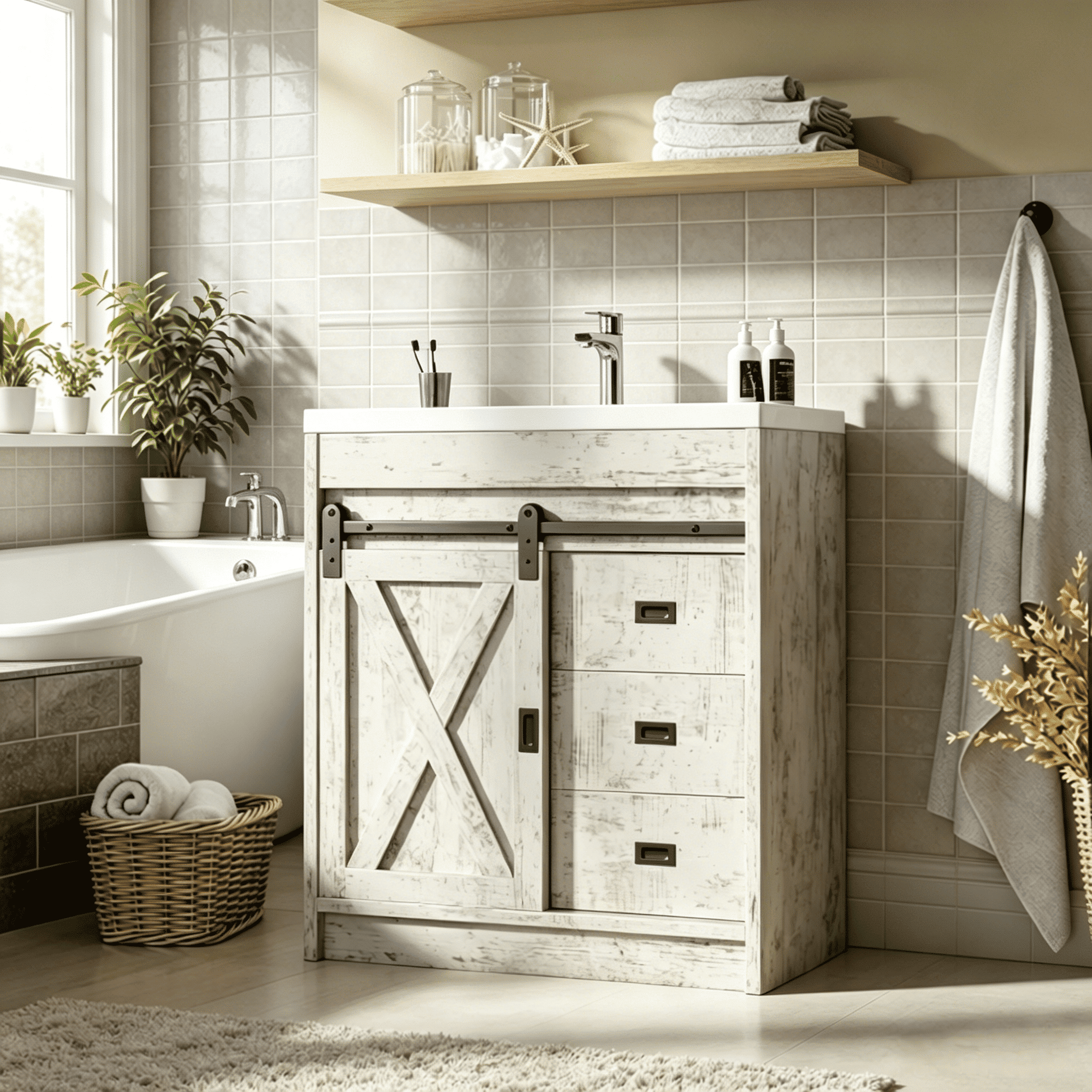 DreamCurship Bathroom Vanity with Sink Combo, Bathroom Storage Cabinet with Drawers, Farmhouse Bathroom Vanity Cabinet with Sliding Barn Doors, Gray