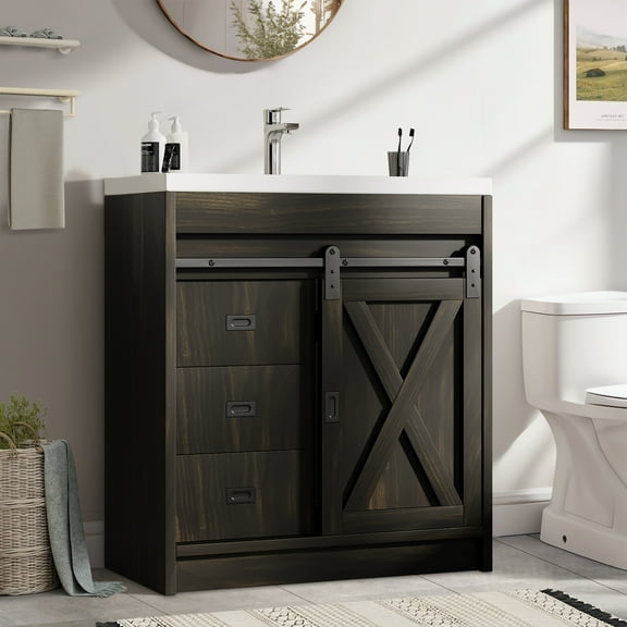 DreamCurship Bathroom Vanity with Sink Combo, White Bathroom Storage Cabinet with Drawers, Farmhouse Bathroom Vanity Cabinet with Sliding Barn Doors, Oak