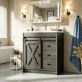 thumbnail image 1 of DreamCurship 32” Bathroom Vanity with Sink Combo, Bathroom Storage Cabinet with Drawers, Farmhouse Bathroom Vanity Cabinet with Sliding Barn Doors, Wash Gray, 1 of 8