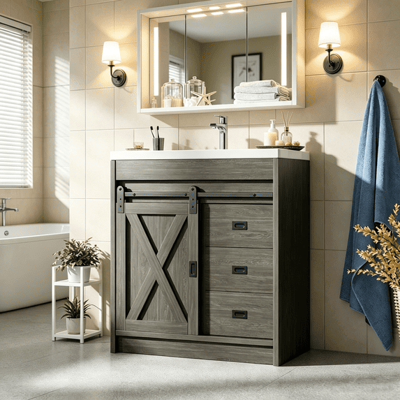 DreamCurship 32” Bathroom Vanity with Sink Combo, Bathroom Storage Cabinet with Drawers, Farmhouse Bathroom Vanity Cabinet with Sliding Barn Doors, Wash Gray