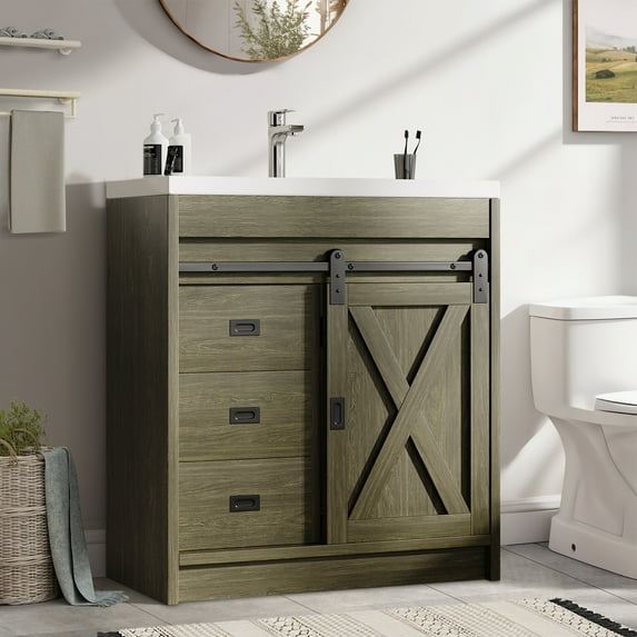 DreamCurship Bathroom Vanity with Sink Combo, White Bathroom Storage Cabinet with Drawers, Farmhouse Bathroom Vanity Cabinet with Sliding Barn Doors, Wash Gray