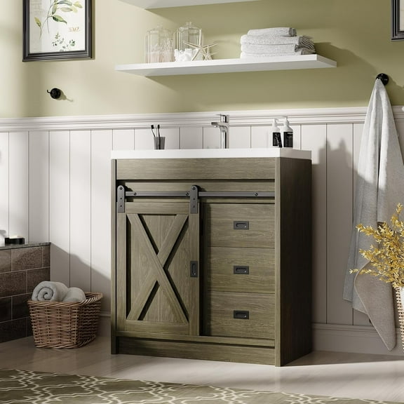 DreamCurship 32” Bathroom Vanity with Sink Combo, Bathroom Storage Cabinet with Drawers, Farmhouse Bathroom Vanity Cabinet with Sliding Barn Doors, Wash Gray