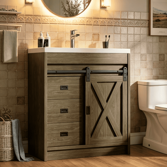 DreamCurship Bathroom Vanity with Sink Combo, White Bathroom Storage Cabinet with Drawers, Farmhouse Bathroom Vanity Cabinet with Sliding Barn Doors, Wash Gray