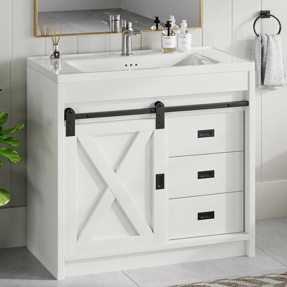 DreamCurship 32" Bathroom Vanity with Sink Combo, White Bathroom Storage Cabinet with Drawers, Farmhouse Bathroom Vanity Cabinet with Sliding Barn Doors, White