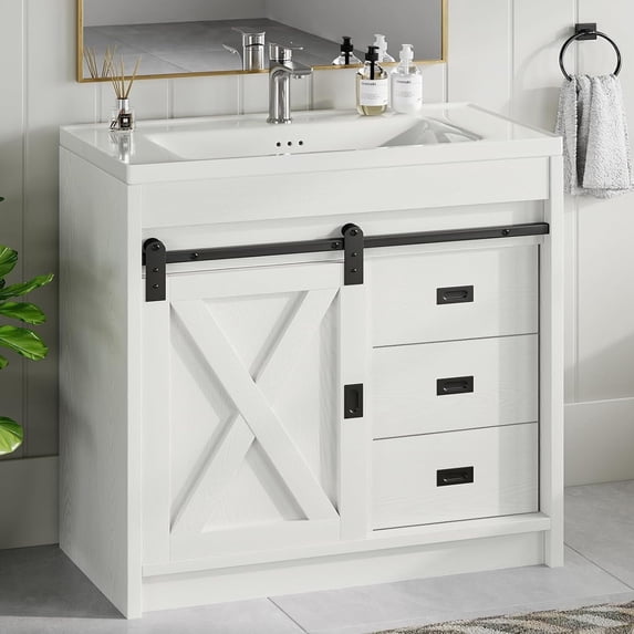 DreamCurship 32" Bathroom Vanity with Sink Combo, White Bathroom Storage Cabinet with Drawers, Farmhouse Bathroom Vanity Cabinet with Sliding Barn Doors, White