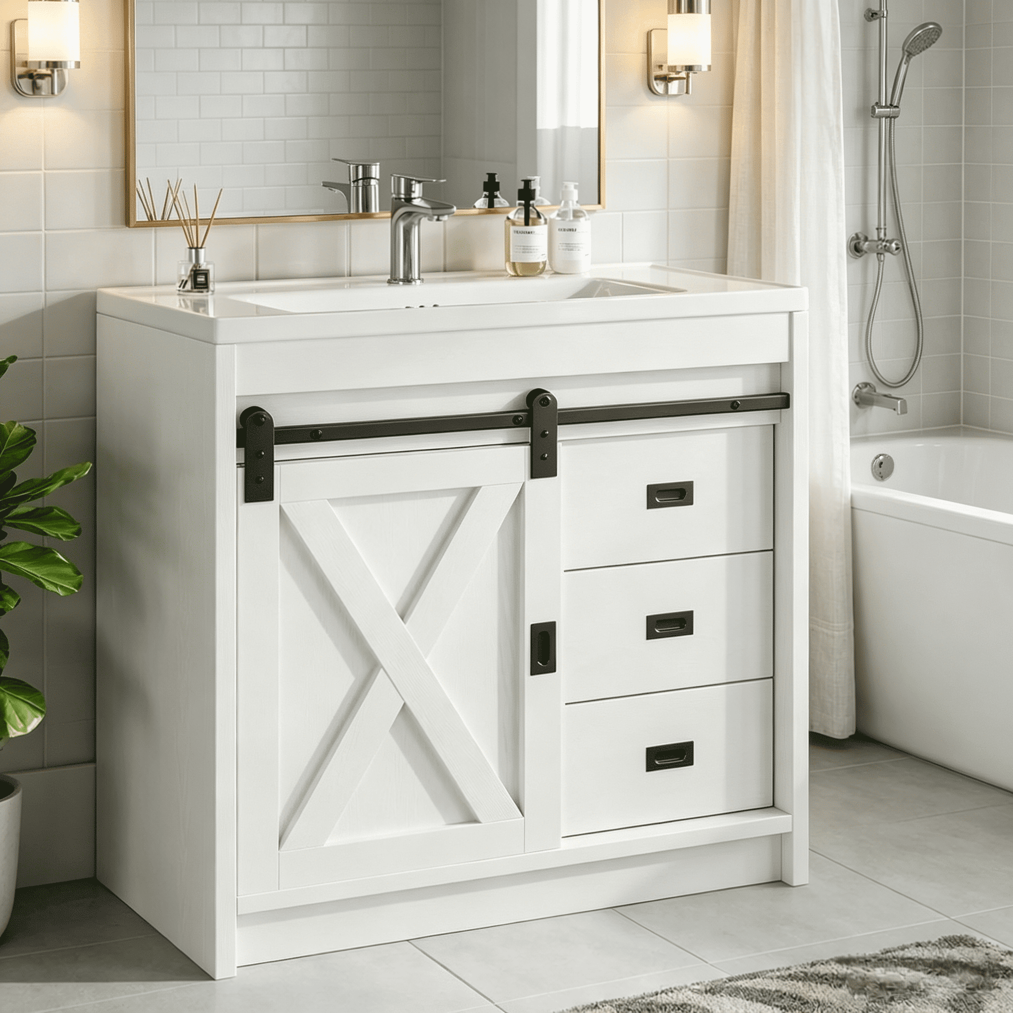 DreamCurship 32" Bathroom Vanity with Sink Combo, White Bathroom Storage Cabinet with Drawers, Farmhouse Bathroom Vanity Cabinet with Sliding Barn Doors, White
