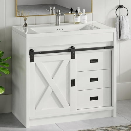 DreamCurship 32" Bathroom Vanity with Sink Combo, White Bathroom Storage Cabinet with Drawers, Farmhouse Bathroom Vanity Cabinet with Sliding Barn Doors, White