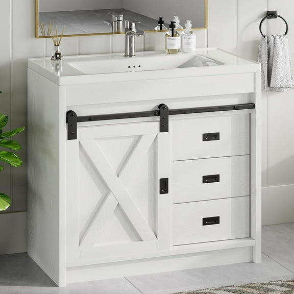 DreamCurship 32" Bathroom Vanity with Sink Combo, White Bathroom Storage Cabinet with Drawers, Farmhouse Bathroom Vanity Cabinet with Sliding Barn Doors, White