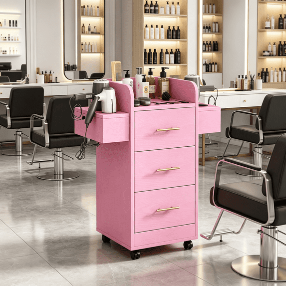 DreamCurship Beauty Salon Trolley Cart, Salon Cabinet with 360°Wheels, 3 Drawer, 6 Tool Holders, Barber Hair Stations for Salon Beauty Spa, Pink