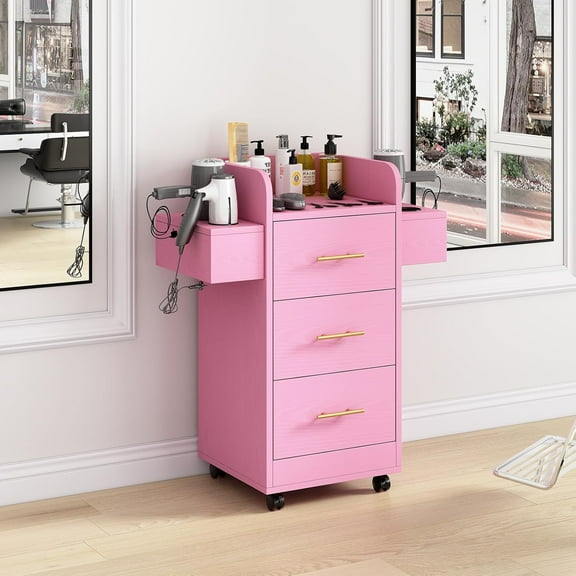 DreamCurship Beauty Salon Trolley Cart, Salon Cabinet with 360°Wheels, 3 Drawer, 6 Tool Holders, Barber Hair Stations for Salon Beauty Spa, Pink