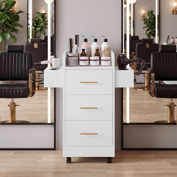 DreamCurship Beauty Salon Trolley Cart, Salon Cabinet with 360°Wheels, 3 Drawer, 6 Tool Holders, Barber Hair Stations for Salon Beauty Spa, White