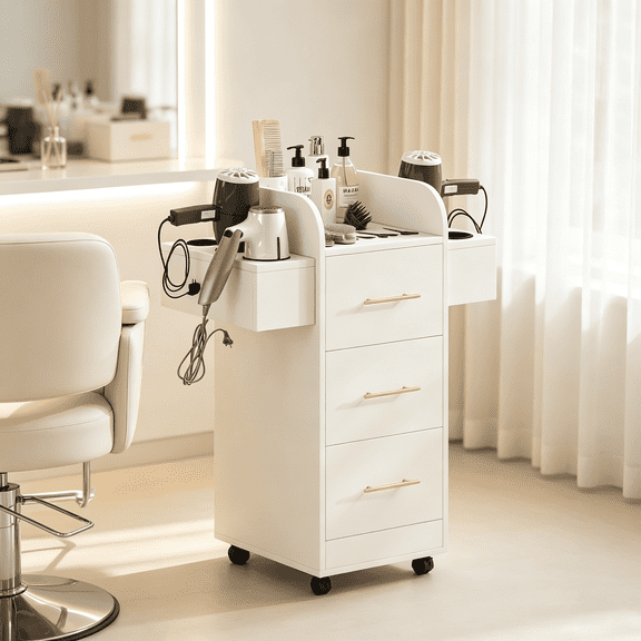 DreamCurship Beauty Salon Trolley Cart, Salon Cabinet with 360°Wheels, 3 Drawer, 6 Tool Holders, Barber Hair Stations for Salon Beauty Spa, White
