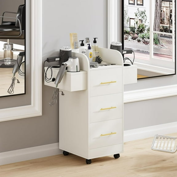 DreamCurship Beauty Salon Trolley Cart, Salon Cabinet with 360°Wheels, 3 Drawer, 6 Tool Holders, Barber Hair Stations for Salon Beauty Spa, White