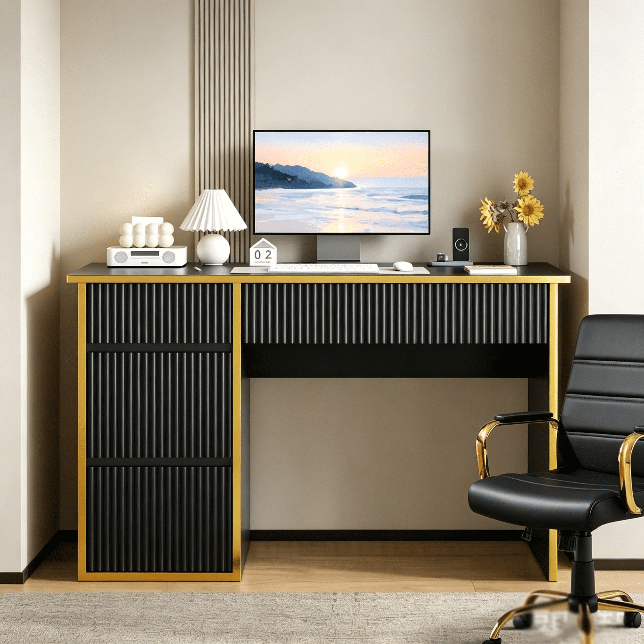 DreamCurship Computer Desk with 4 Storage Drawers, Home Office Desk with Storage, Writing Desk for Study, Modern Writing Table, Black and Gold Desk