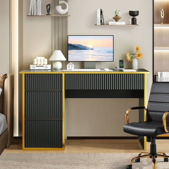 DreamCurship Computer Desk with 4 Storage Drawers, Home Office Desk with Storage, Writing Desk for Study, Modern Writing Table, Black and Gold Desk
